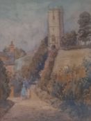 A watercolour, church on hill, signed Harold H Winter, framed and glazed. H.60 W.49