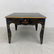 A vintage lacquered and hand decorated lamp table finished to all sides. H.52 W.66 D.66cm