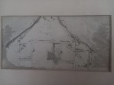 A framed, glazed and mounted watercolour study of a rural building. 47x37cm