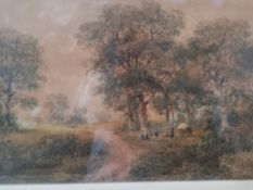 A framed and glazed 19th century watercolour, figures by a forest path. H.82 W.101cm