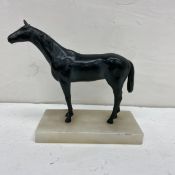 A figural patinated bronze horse sculpture raised on a square alabaster plinth base. L.18cm (
