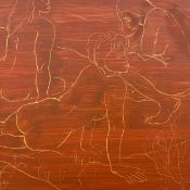 Philip Meninsky (1919-2007), a mid century Modernist style sgraffito oil on board depicting three