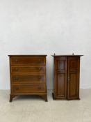 A small Georgian style mahogany chest of drawers with satinwood crossbanding and an Edwardian wall