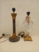 A contemporary marble table lamp with Corinthian column mounts along with a cut glass gilt metal