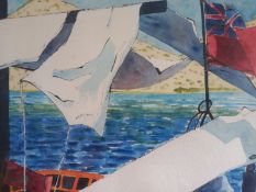 A framed and glazed watercolour, view from a yacht, initialled L G. 57x48cm