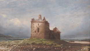 A late 19th century oil on board, church ruin on a loch, signed D. W. Pringle and dated 1875 to
