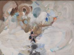 Pierre Chieze (1929-2011), a 20th century oil on canvas depicting a figure fishing in an abstract