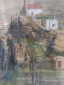 A framed and glazed watercolour, Continental school church on a clifftop signed W Genge. H.50 W.