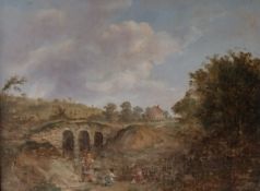 A 19th century English School oil on canvas, figures in a rural landscape, in a gilt frame. H.64 W.