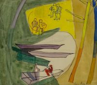 Suzanne Roger (1899-1986), a mid 20th century ink and watercolour titled 'La Vie Au Quai' 1959,
