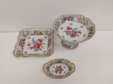 A hand decorated Dresden comport and a similar oval dish along with a Schumann Bavaria dish in the