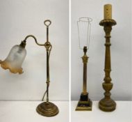 A gilt metal and marble Corinthian column table lamp, a carved and painted distressed wood pricket