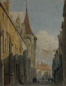 A 19th century watercolour titled 'Street in Beauvais' after the original by David Cox in a glazed