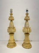 A pair of vintage alabaster table lamps with acanthus carved columns on turned bases. H.57cm