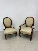 A mid 19th century carved walnut armchair and the matching side chair re-upholstered in foliate