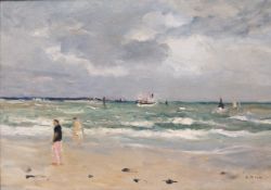 Gaston Sebire (1920-2001), a 20th century oil on canvas, beach scene with figures and boats,