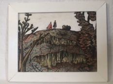 A 20th century oil on board depicting two figures on a hill in a stylised landscape in a painted