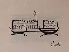 Georges Laporte (1926-2000), a 20th century ink study, stylised view of Venice with gondolas in