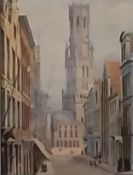 A 19th Century watercolour view of Bruges, framed and glazed with a label to the reverse. H.42 W.