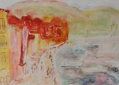 A 20th century study of figures in a Continental coastal town by Monica Bornstein, framed and glazed