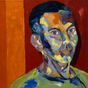 A contemporary Fauvist style oil portrait on canvas, probably Sandra Shashou. Unframed. 110x110cm