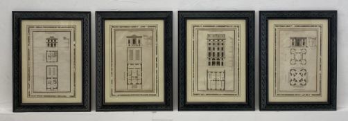 A set of four possibly 18th century architectural engravings, development plans for a building of