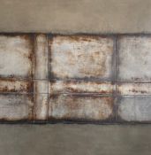 A mid century abstract composition, mixed media on plasterboard. 73x73cm