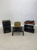 A Nottingham Interspace turntable, a pair of JBL Control 5 speakers and a base speaker, a Samson