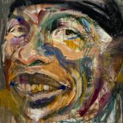 A contemporary oil portrait on canvas titled 'Man with Gold Tooth', signed Sandra Shashou and