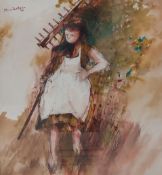 Michel de Gallard (1921-2007), a mid-century pencil and watercolour portrait of girl with a rake,