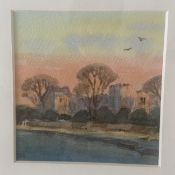 A contemporary miniature watercolour, view of a castle ruin at dusk, signed BB to the lower left