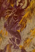 A large contemporary lithograph, stylised portrait of two opposing angels in a glazed frame.