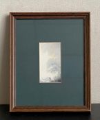 A contemporary miniature watercolour depicting a moored boat in a misty landscape, signed to the