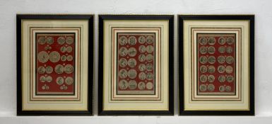 A set of three 18th century hand coloured engravings depicting 'Medals of Queen Mary', 'Medals of