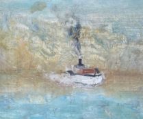 A gilt framed oil on canvas laid on board, a tramp steamer at sea. 59x68cm