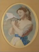 A 19th century French School watercolour portrait of a girl and dove in a glazed gilt frame. H.72