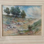 An early 20th century watercolour depicting figures in a country landscape, signed E.R.J. to the