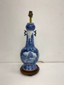 A Chinese blue and white table lamp of baluster vase form on carved hardwood base. H.73cm