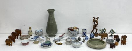 A large mixed collection to include a vintage Korean sage green celadon vase, a pair of Oriental