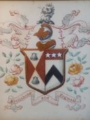A framed and glazed watercolour of a family coat of arms. 37x40cm. ** Please note this item can be