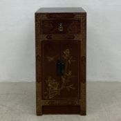 A small vintage Oriental lacquered cabinet having a square top over a single frieze drawer and
