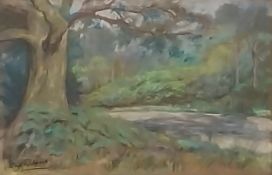A 20th century pastel study of a woodland path, signed to the lower left in a glazed aluminium