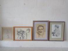 A pen and ink portrait study along with three pencil drawings, framed and glazed. 36x48cm (
