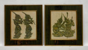 A pair of mid century Thai temple charcoal rubbings on rice paper depicting figural dancers and