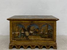 A possibly 18th century gilt and all-over hand painted Italian cassone or wedding chest of compact