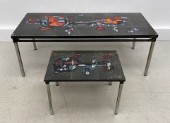 Two mid century Adri Belgique coffee tables with abstract polychrome ceramic tiles on metal bases.