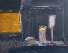 A contemporary oil on board titled 'Black with Glasses' by Richard Ayling, framed with
