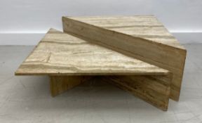 Two vintage 1980s Italian Travertine marble corner tables, or a modular coffee table by Andrea