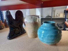 Mixed ceramics to include a black Staffordshire Jackfield cockerel with gilt embellishments, a crude