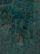 A Balinese acrylic on canvas laid on board, a young girl in a forest setting, label verso, Sukada,